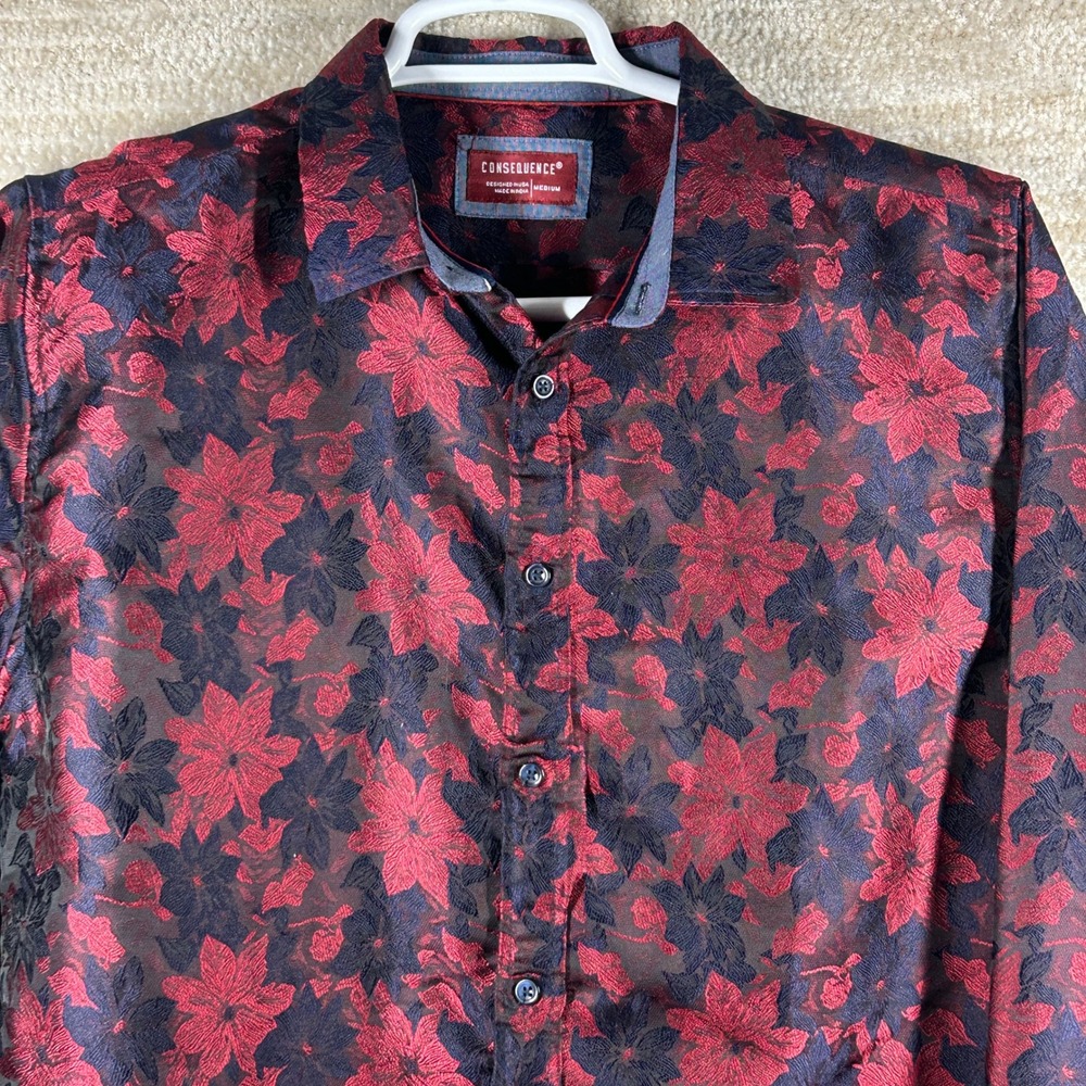 Consequence Mens Floral Embossed Button Down Shirt Navy Magenta Medium B-1122K-
